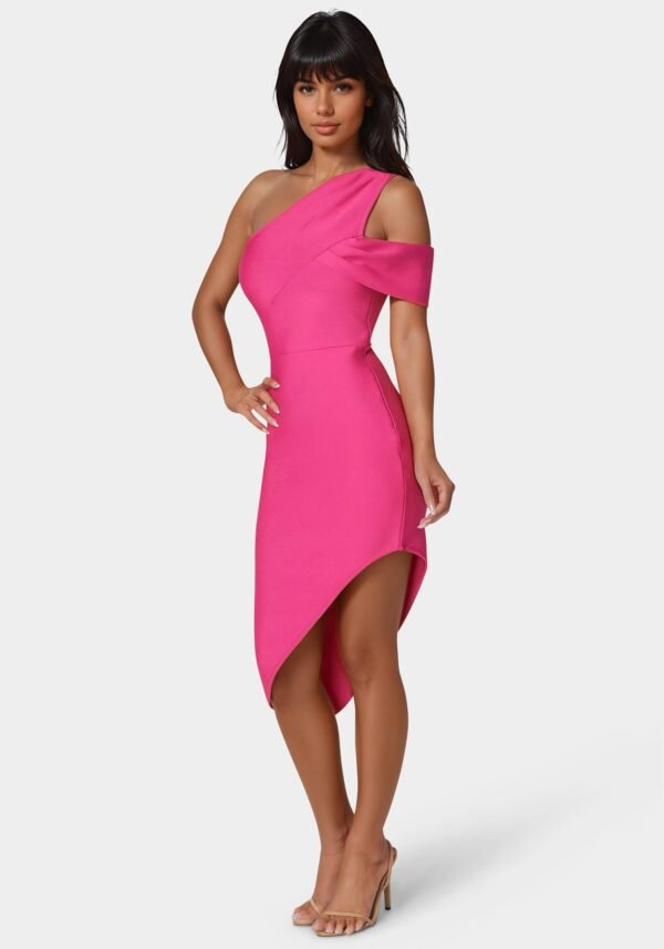 bebe1357_fuschia_2_ef175ec9-6887-4bc7-88a3-257418b7e901 Asymmetrical High Slit Bandage Midi Dress